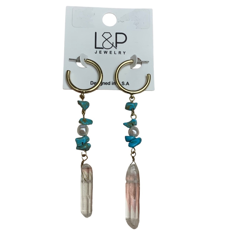 ✨3/$15 Boho Gold Hoop Earrings w/ Turquoise Chips & Crystal Pendant